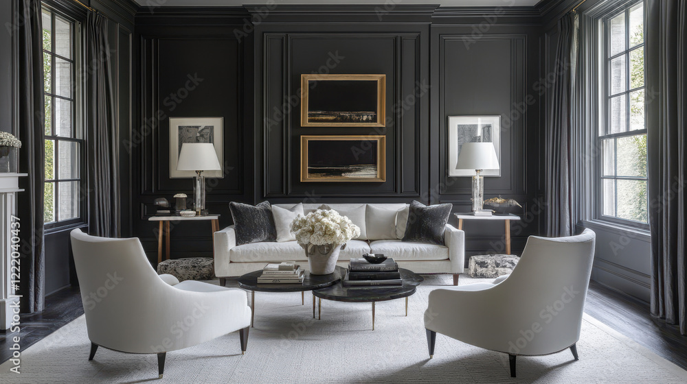 Fototapeta premium Sophisticated Elegance in Dark Gray Living Room: A stunning contemporary living room design featuring plush white armchairs, a white sofa, and a modern coffee table.