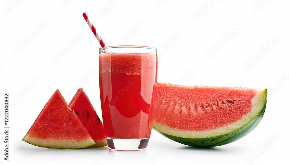 Refreshing Watermelon Juice with Red Smoothie – Slice of Watermelon on Glass with Straw, Isolated on White Background Refreshing Watermelon Juice with Red Smoothie – Slice of Watermelon on Glass with Straw, Isolated on White Background