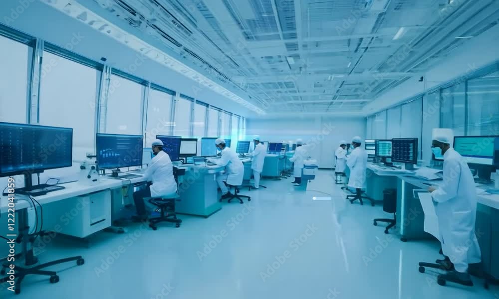 High-tech laboratory with researchers analyzing data and conducting experiments in a modern setting High-tech laboratory with researchers analyzing data and conducting experiments in a modern setting