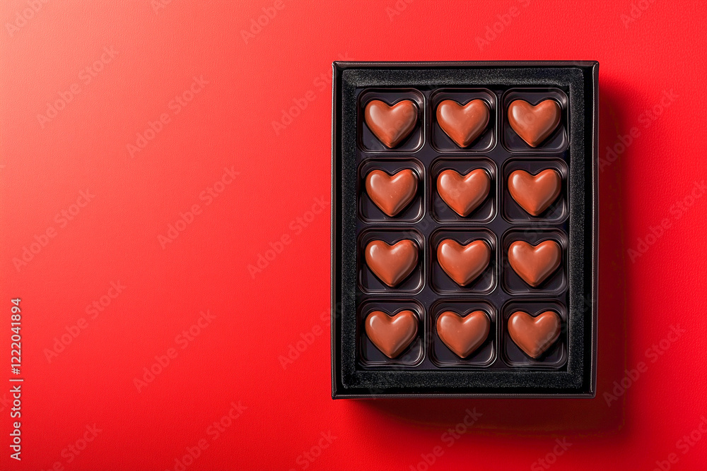 A black box with heart-shaped chocolates, a red background, and an empty space for text. A black box with heart-shaped chocolates, a red background, and an empty space for text.