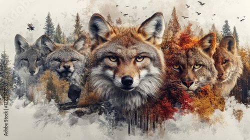 A pack of Coyotes and Bobcats in a painted illustration with forest autumn landscapes and flying birds  as a background photo