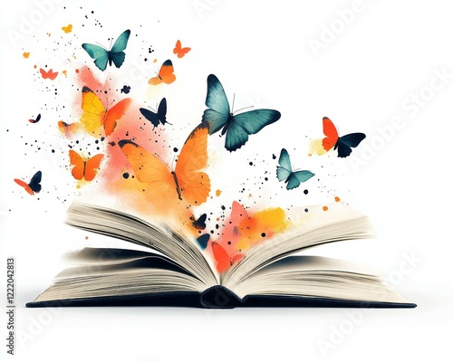 Open book with butterflies flying out symbolizing imagination and creativity in nature
