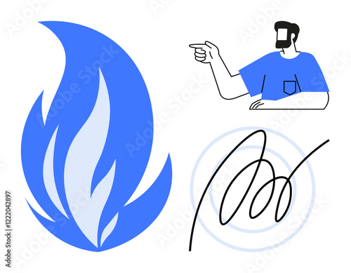 Bold blue flame next to minimalist sketch of bearded person pointing, curved line pattern in black circles. Ideal for creativity, communication, energy, identity, innovation, direction, motivation