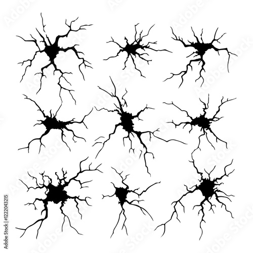 Set of ground cracks from a top view, earthquake cracks and holes, ruined and crushed land texture. Breaks on the land surface isolated on a white background. Broken wall with a glass pattern effect