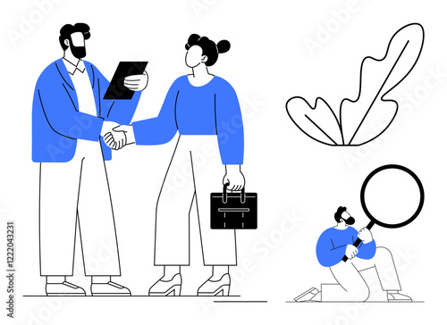Two professionals shake hands, review a document. Another person inspects with magnifying glass. Ideal for business partnerships, teamwork, negotiation, research, analysis, professionalism
