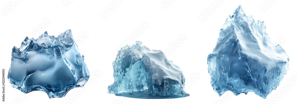 Fototapeta premium Three Ice Cubes Isolated on a Transparent Background with Natural Texture