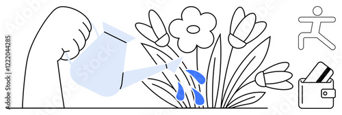 Hand holding watering can pouring water on flowers, wallet with cards, running figure. Ideal for gardening, financial management, fitness, personal growth, sustainability nurturing lifestyle. Line