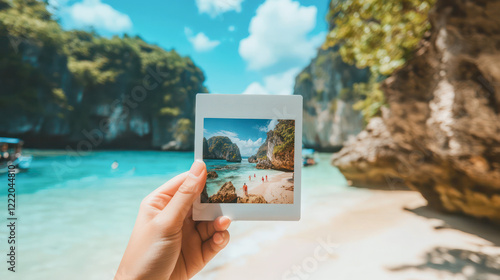 Hands holding polaroid photo up to seaside travel destination.