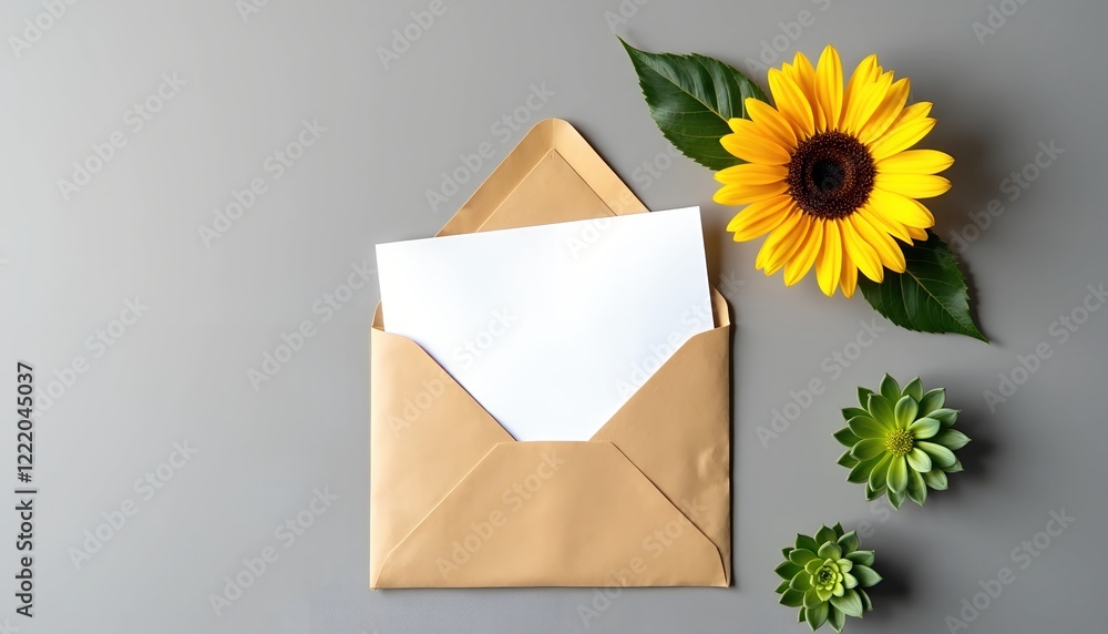 Blank card in a kraft envelope, adorned with sunflowers and succulents. Perfect for invitations, thank you notes, or other correspondence. Blank card in a kraft envelope, adorned with sunflowers and succulents. Perfect for invitations, thank you notes, or other correspondence.