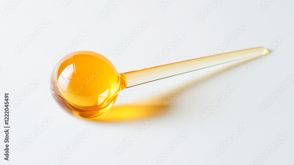 Yellowish oil drop scooped out from a pipette on a white background. Yellowish oil drop scooped out from a pipette on a white background.