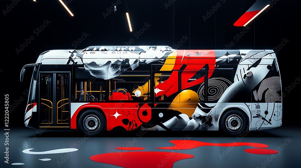 Fototapeta premium Art bus design, city, night, studio, abstract art, public transport, advertisement