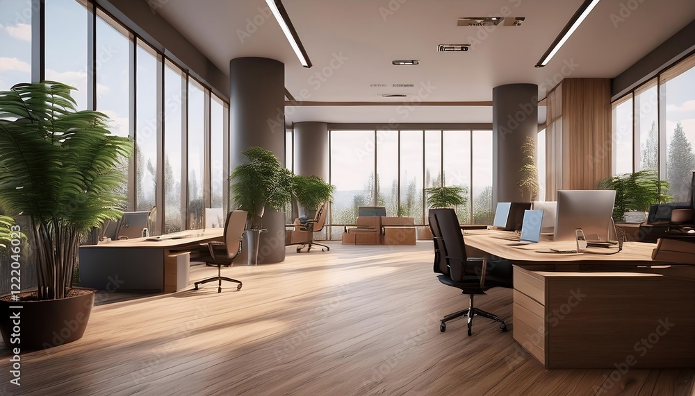 Modern executive office interior with minimal design, large windows, wooden flooring, modern and elegant workspace setup