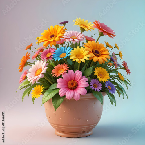 A vibrant 3D render of a multi flower pot