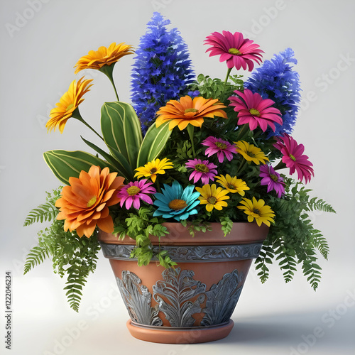 A vibrant 3D render of a multi flower pot