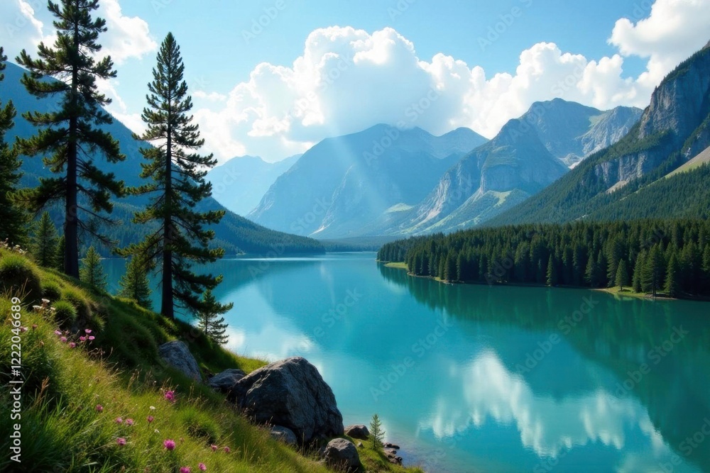 Pine trees and clouds meet at emerald lake's horizon, mountain, tree Pine trees and clouds meet at emerald lake's horizon, mountain, tree