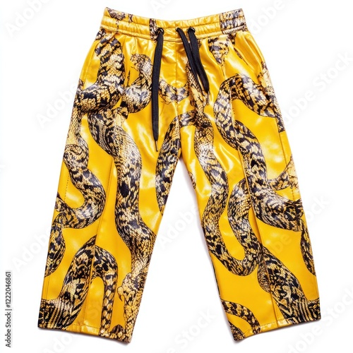 Snakeskin Yellow Trousers:  Bold yellow cropped trousers featuring a striking snakeskin print.  Perfect for making a statement. photo