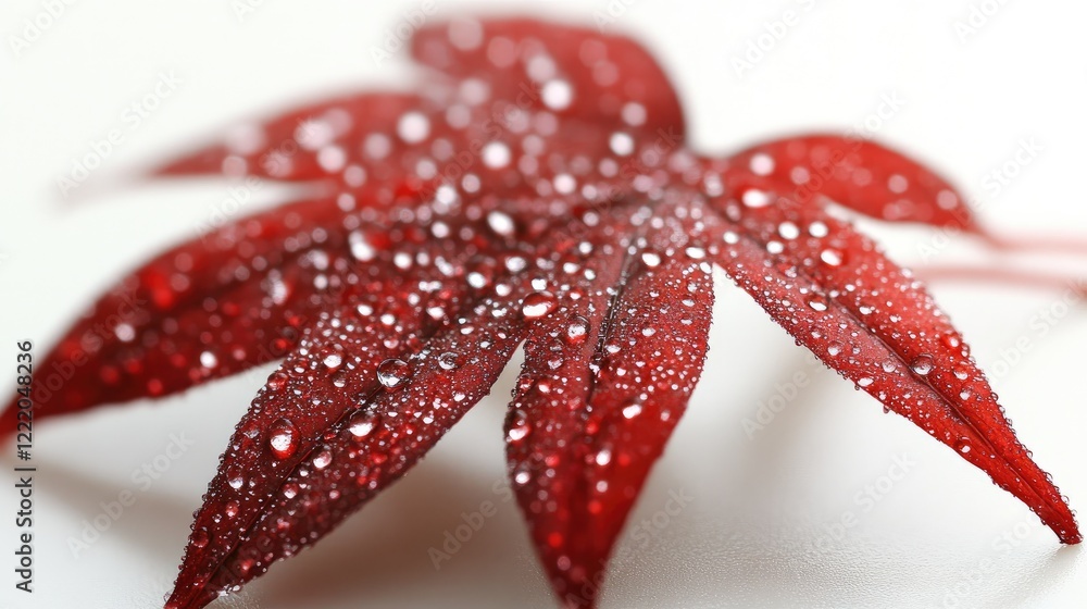 Crimson Leaf Dew: A single crimson maple leaf, glistening with dewdrops, rests on a white background, capturing the delicate beauty of autumn's first frost.
