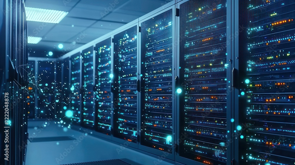 Modern Data Center Server Room with Illuminated Network Modern Data Center Server Room with Illuminated Network