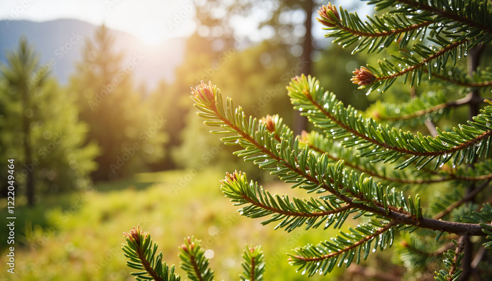 Pine tree budding in highland forest during morning light, nature's renewal Pine tree budding in highland forest during morning light, nature's renewal