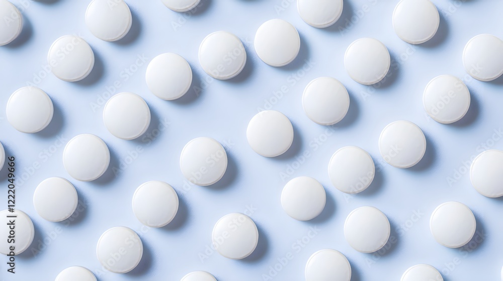 White Round Pills Arranged In A Pattern On Blue White Round Pills Arranged In A Pattern On Blue