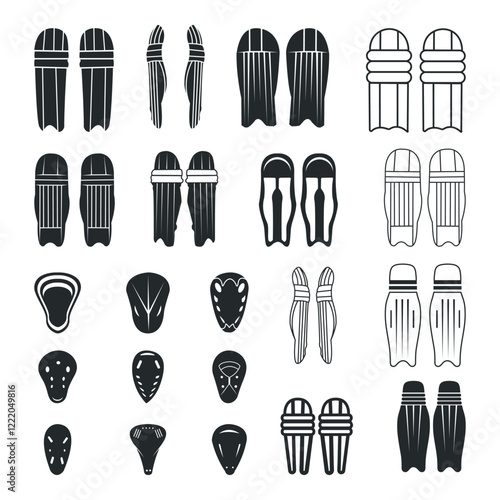 Gloves Clip Art Vector Isolated Collection, Cricket Gloves Silhouette Icon Set, Professional Cricket Gloves Equipment Set.