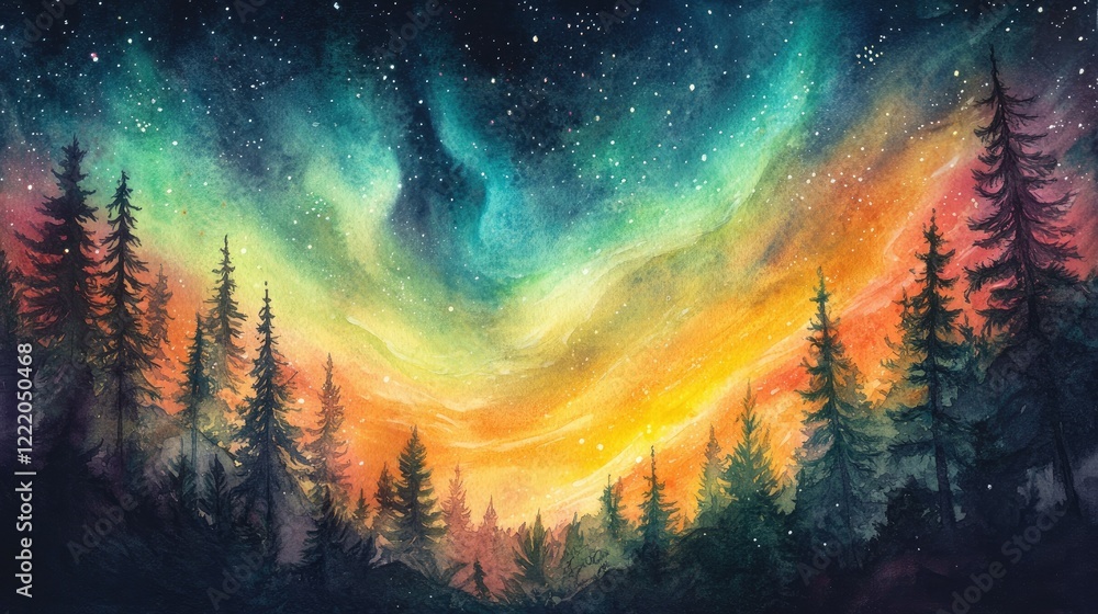 Fototapeta premium Vibrant Night Sky with Colorful Aurora Illuminating a Forest Landscape Under a Starry Sky in a Dreamy Watercolor Style