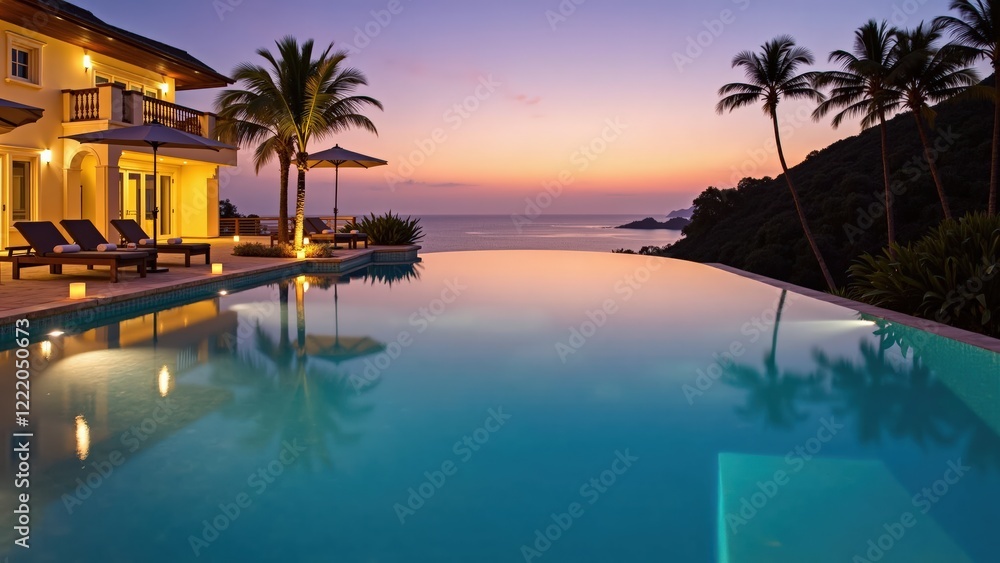 A luxurious infinity pool at sunset with a view of the ocean and palm trees A luxurious infinity pool at sunset with a view of the ocean and palm trees