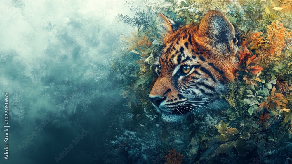 A majestic tiger peers out from a lush, painterly jungle, its piercing gaze framed by vibrant foliage and a soft, ethereal background A majestic tiger peers out from a lush, painterly jungle, its piercing gaze framed by vibrant foliage and a soft, ethereal background