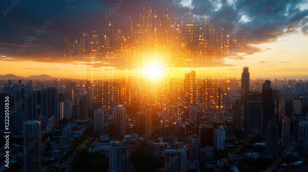Fototapeta premium Sunset over cityscape with digital elements urban environment landscape vibrant atmosphere