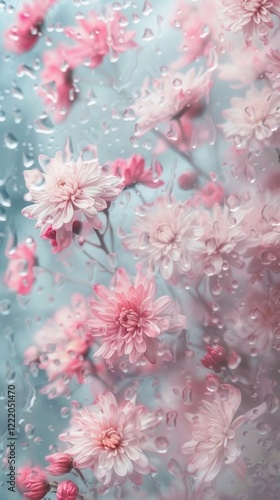 Rain scene with chrysanthemums blossom flower nature.