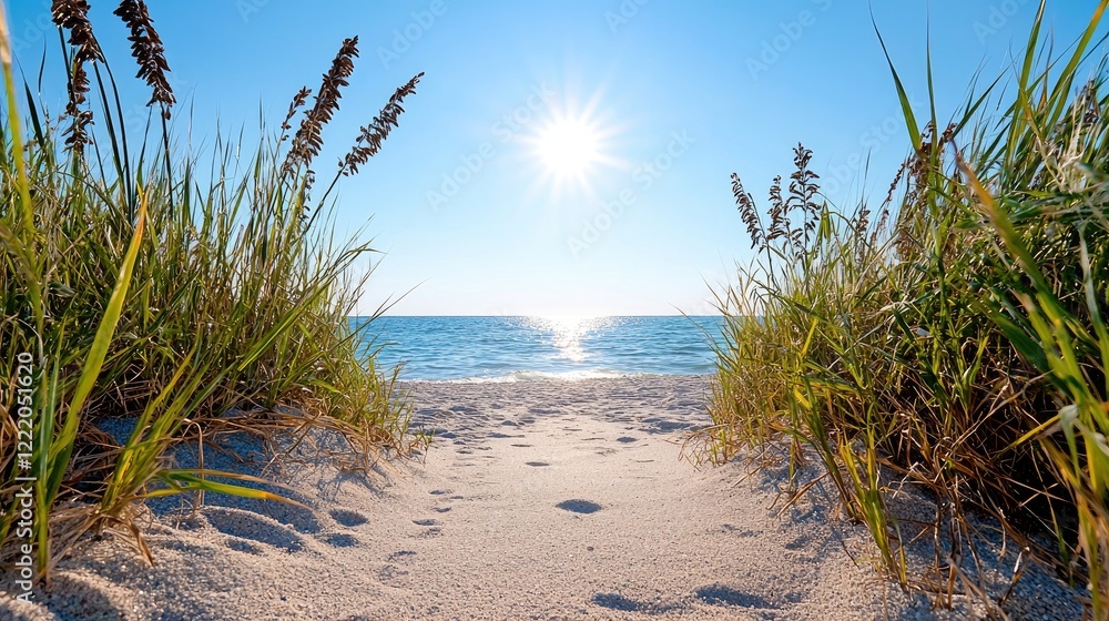 Sunny beach path, sea view, tranquil scene, summer vacation Sunny beach path, sea view, tranquil scene, summer vacation