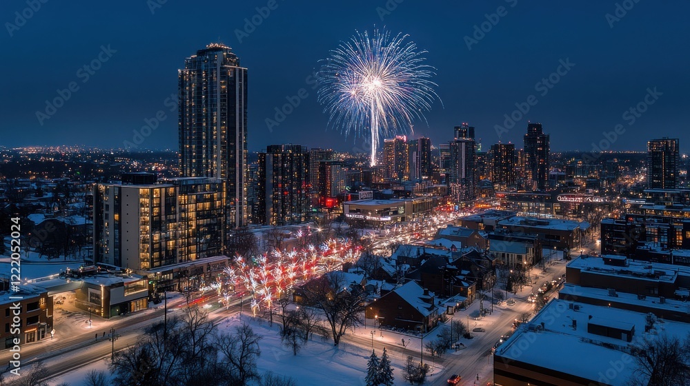 Fototapeta premium Saskatoon Winter Night Fireworks Aerial View