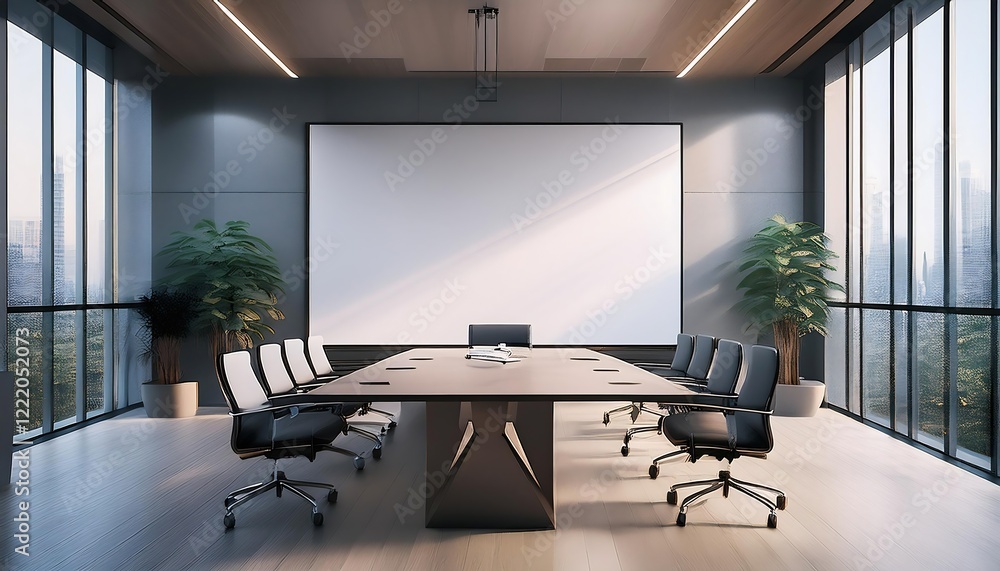 Modern boardroom interior with large blank canvas for signage or presentation display on wall, natural light through windows. 3D Rendering Modern boardroom interior with large blank canvas for signage or presentation display on wall, natural light through windows. 3D Rendering