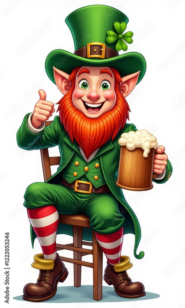 Fototapeta premium Smiling leprechaun sits on a wooden chair, holds a large wooden beer mug, wears a green outfit with red and white striped stockings, and an Irish-style hat.