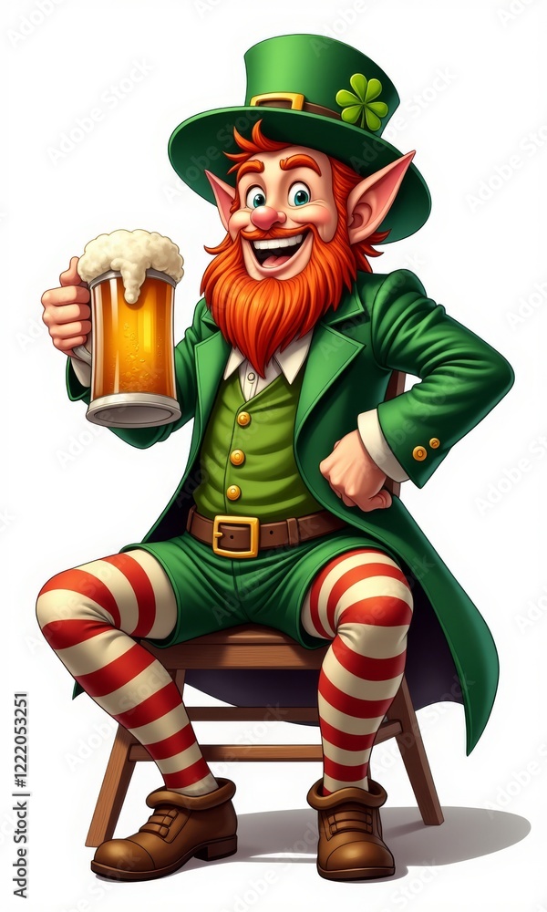 Fototapeta premium Smiling leprechaun sits on a wooden chair, holds a large wooden beer mug, wears a green outfit with red and white striped stockings, and an Irish-style hat.