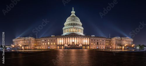 Panorama of the illuminated U.S. Capitol Building in Washington D.C. at night