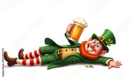 A smiling leprechaun lies down with a wooden beer mug, dressed in a green outfit with red and white striped stockings, and an Irish-style hat.