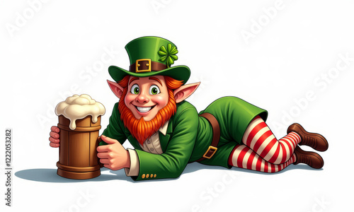 A smiling leprechaun lies down with a wooden beer mug, dressed in a green outfit with red and white striped stockings, and an Irish-style hat.