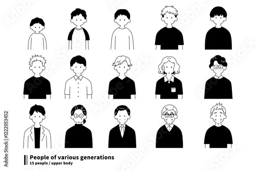 さまざまな世代の男性[上半身]の単色イラスト(セット)
