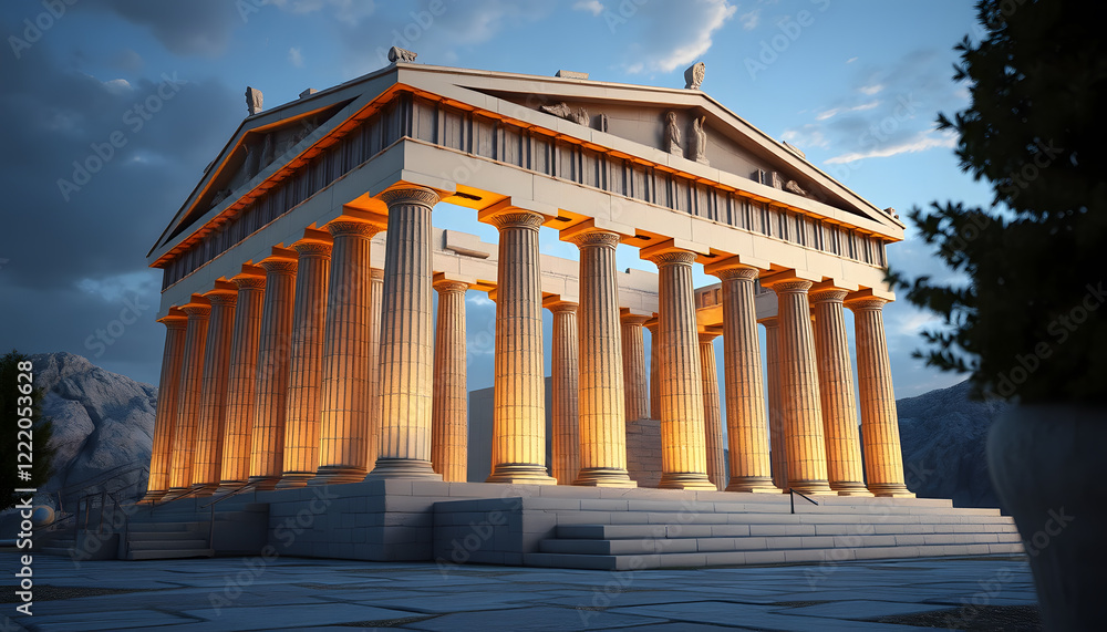 Naklejka premium Ancient Greek Temple at Sunset 3d Render