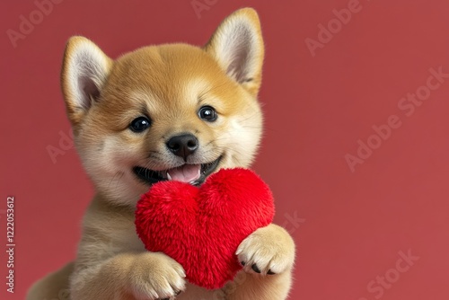 Cute shiba inu pooch with fluffy red heart - sign of love, funny greeting card. Marketing concept art. Shiba inu - my treasured dog. Valentine's day inspiration. Valentine's dog love. photo