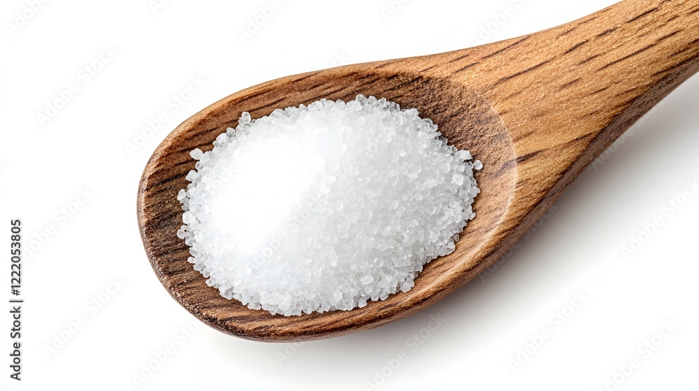 Wooden spoon holds a mound of white sea salt Wooden spoon holds a mound of white sea salt
