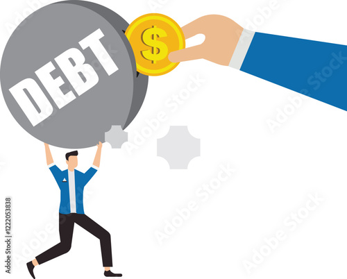 Pay off debt, financial obligation, responsibility to pay debtor, money decision, liability relief, deficit or borrowing due, indebted concept, businessman hand put dollar coin money into debt bomb