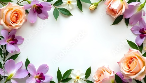 Floral frame of roses and orchids on a white background. Perfect for invitations, cards, or other designs needing a touch of elegance.