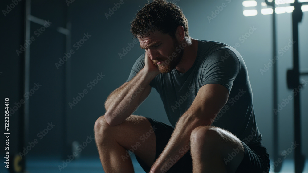 Obraz premium muscular pain suffering concept. A man sitting on the floor, looking exhausted after a workout session.