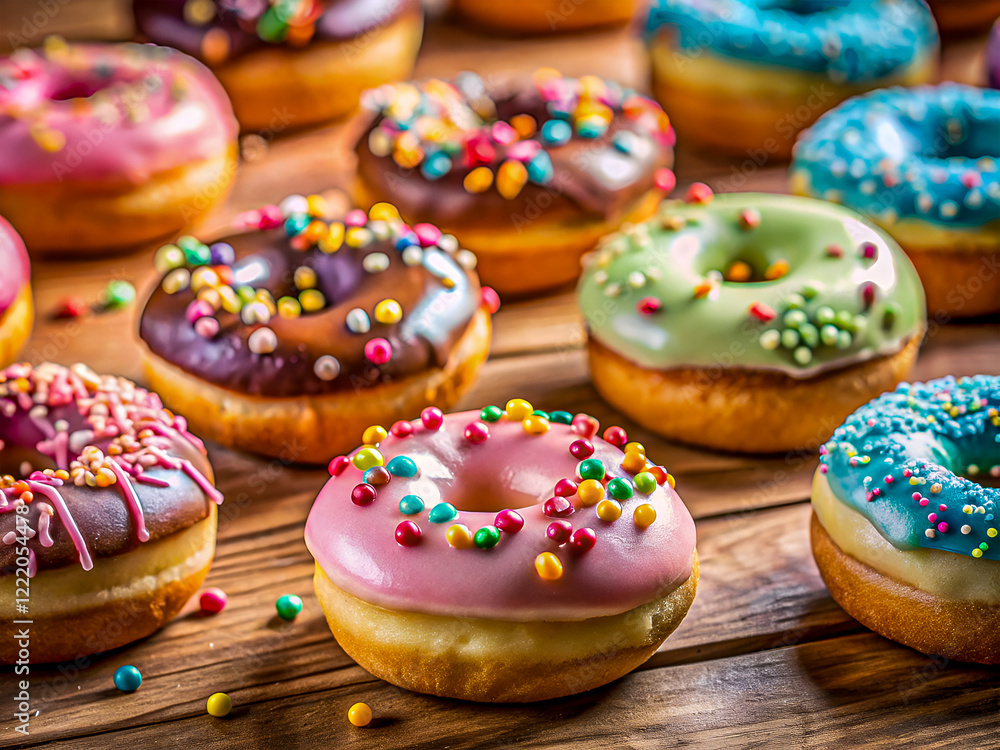 Delicious mini donuts with pastel icing and sprinkles. Tasty Food background Delicious mini donuts with pastel icing and sprinkles. Tasty Food background