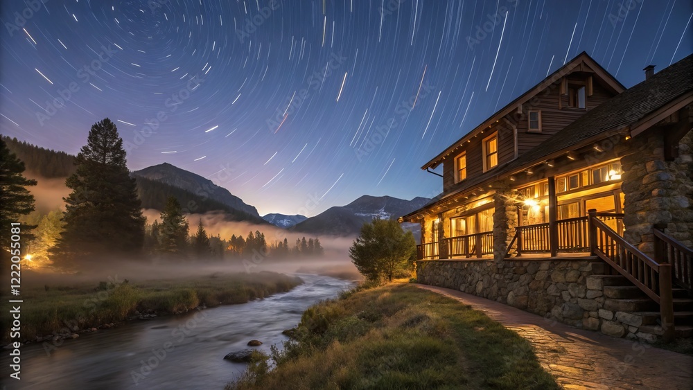 Fototapeta premium Ethereal Hostel Nightscape: Long Exposure Photography of a Mountain Lodge
