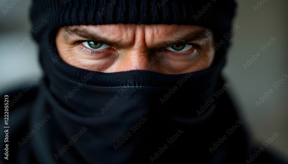 Intense Man in Black Balaclava Closeup Photo Intense Man in Black Balaclava Closeup Photo