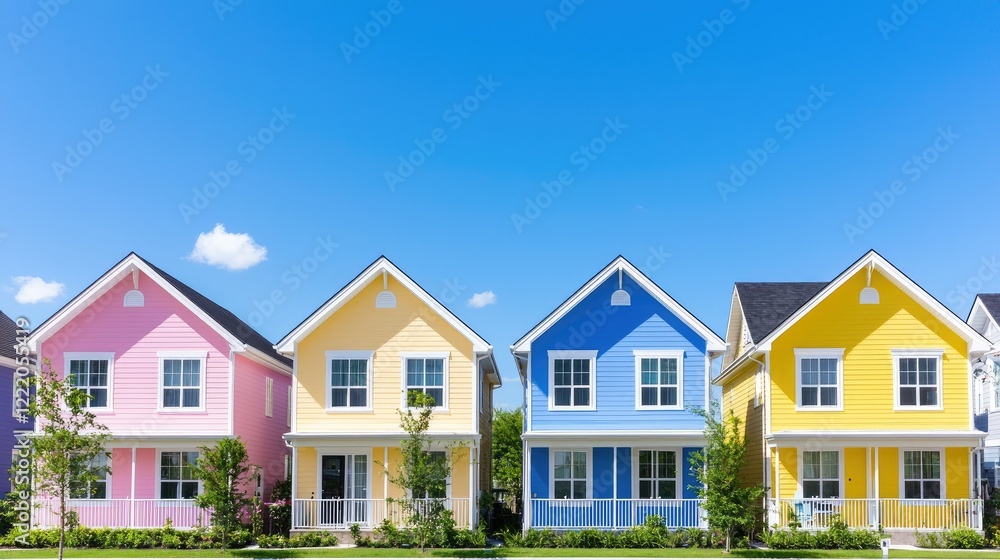 Colorful houses, sunny day, suburban street, real estate Colorful houses, sunny day, suburban street, real estate