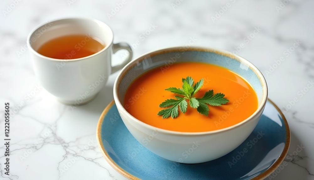 Creamy orange soup garnished with fresh herbs, served with a cup of tea. A perfect healthy meal. Creamy orange soup garnished with fresh herbs, served with a cup of tea. A perfect healthy meal.